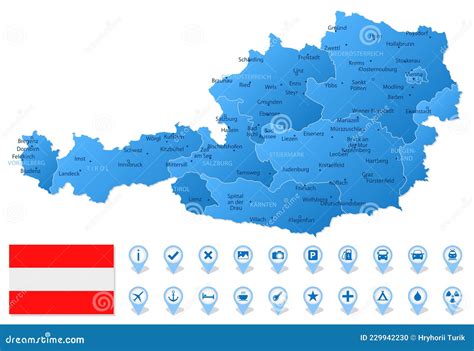 Mapa Azul De Las Divisiones Administrativas De Austria Con Iconos De