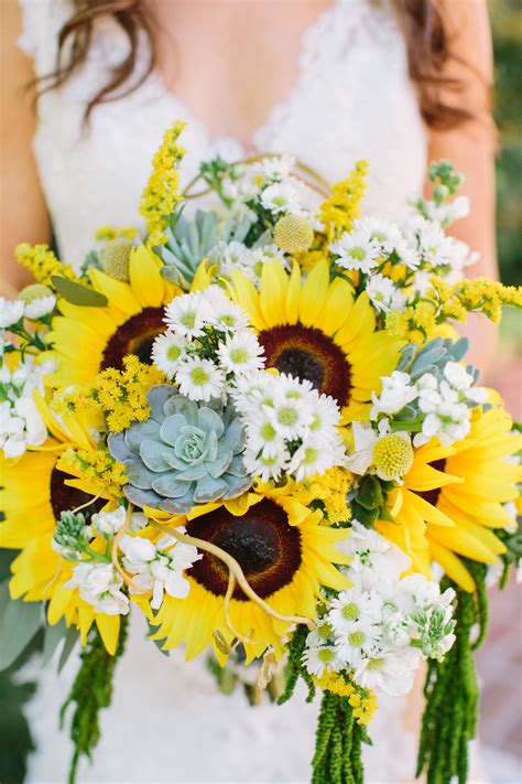 Bright Sunflowers Succulent And Daisy Bouquet Wedding Flowers Summer Yellow Wedding Flowers