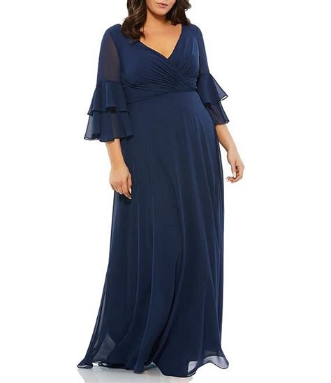 Mac Duggal Plus Size Surplice V Neck 3 4 Ruffle Tiered Sleeve A Line