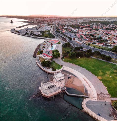 Aerial view of Belem Tower at sunset, Lisbon, Portugal - Stock Image ...