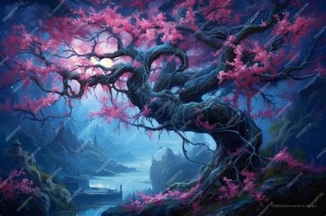 Premium AI Image | A painting of a tree with pink flowers