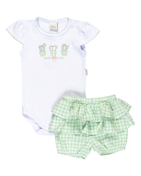 Conjunto Body Bebê Manga Curta Menina Short 100 Algodão Anjos Baby