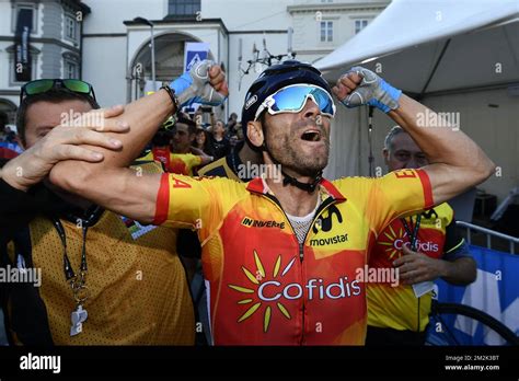 Spanish Alejandro Valverde of Movistar Team celebrates after winning ...