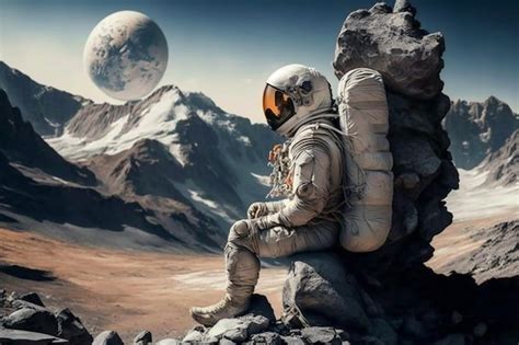 Un Astronauta Se Sienta En Una Roca Frente A Un Planeta Con La Luna Al