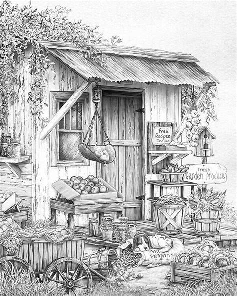 A Drawing Of An Old Wooden Shack With Fruit And Vegetables