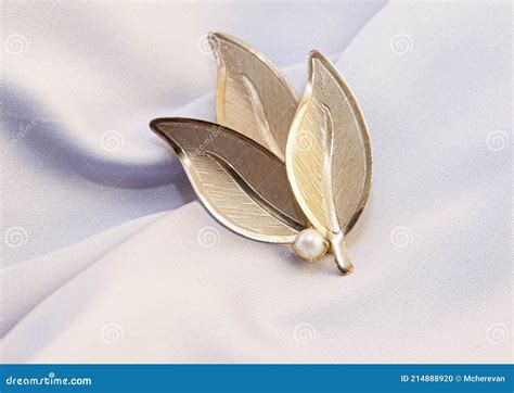 Beautiful Womens Vintage Gold Brooch With Bright Natural Pearls Stock