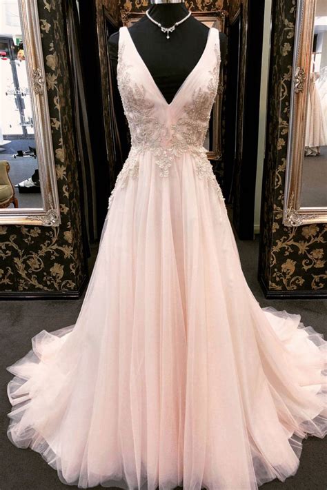 Unique V Neck Tulle Lace Applique Long Prom Dress Pink Evening Dress