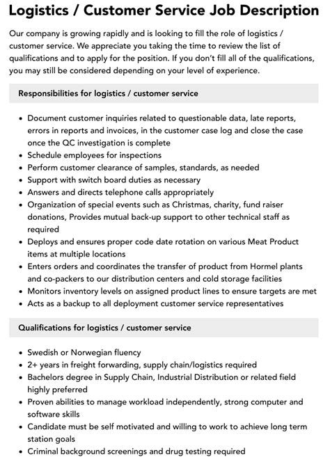 Logistics Customer Service Job Description Velvet Jobs