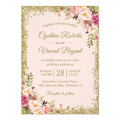 Blush Pink Gold Glitters Floral Wedding Invitation