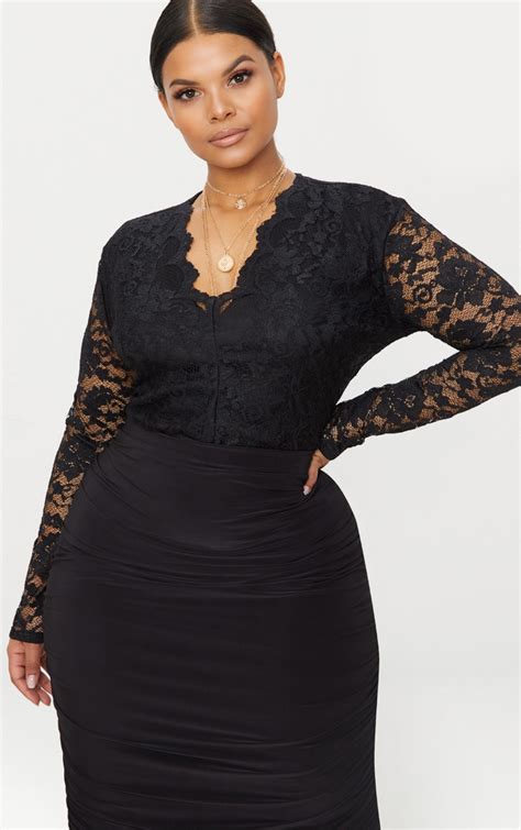 Plus Black Plunge Lace Bodysuit Plus Size Prettylittlething