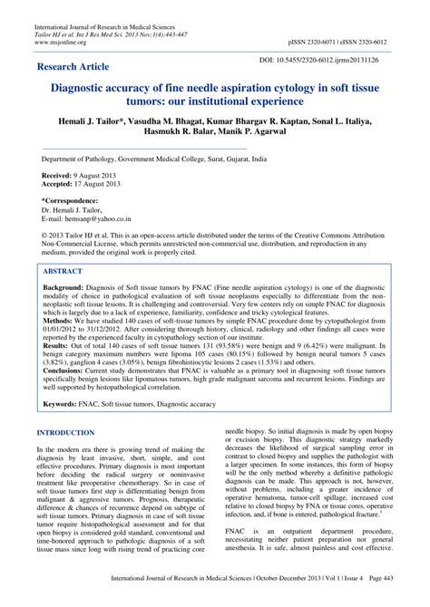 Pdf Diagnostic Accuracy Of Fine Needle Aspiration Cytology In Soft Tissue Tumors Our