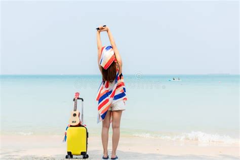 Summer Vacations Lifestyle Woman Relax And Chill On Beach Background