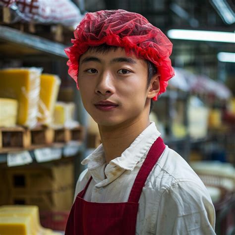 A Man Wearing A Red Apron With A Red Apron On It Premium Ai Generated