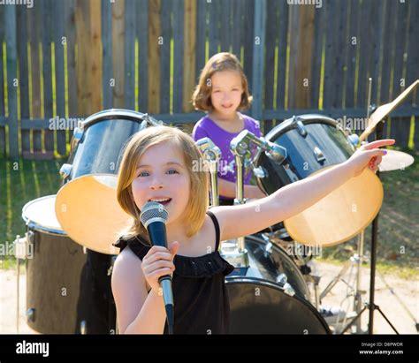 Blond Kid Singer Girl Singing Playing Live Band In Backyard Concert