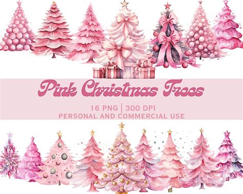 Watercolor Pink Christmas Tree Clipart Bundle Holiday Design