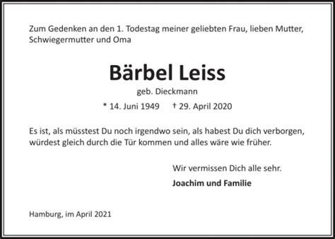 Traueranzeigen von Bärbel Leiss HamburgerTRAUER de