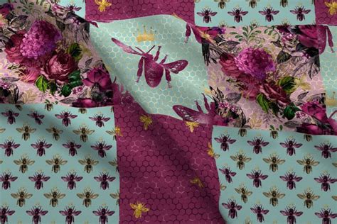 Colorful Fabrics Digitally Printed By Spoonflower Queen Bee And Flowers