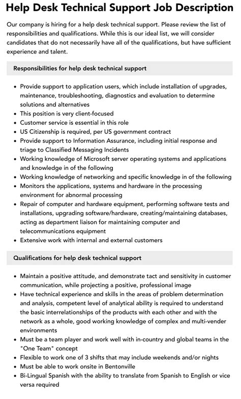 Help Desk Technical Support Job Description Velvet Jobs