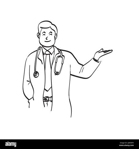 Male Doctor Presenting Something On Copyspace Illustration Vector Hand Drawn Isolated On White