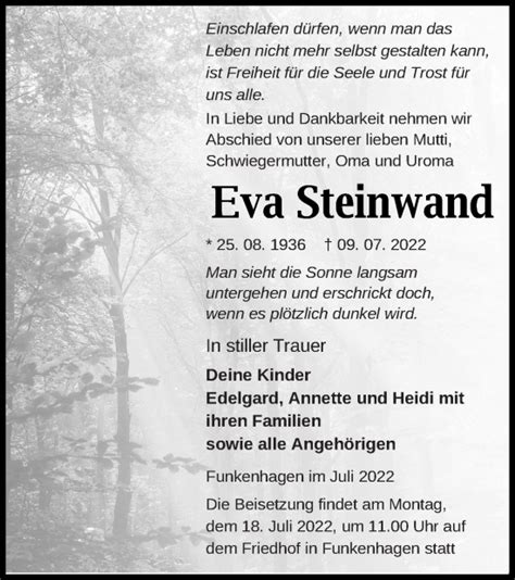 Traueranzeigen Von Eva Steinwand Trauer Nordkurier