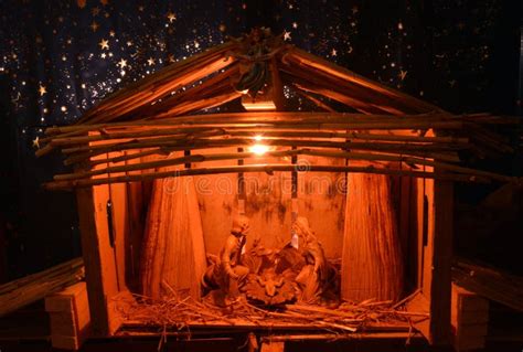 Christmas Nativity Scene in a Wood Stable Stock Image - Image of night ...