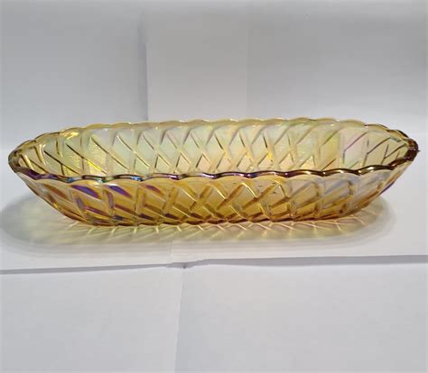 Vintage Indiana Glass Pretzel Amber Carnival Pattern Oval For Bread