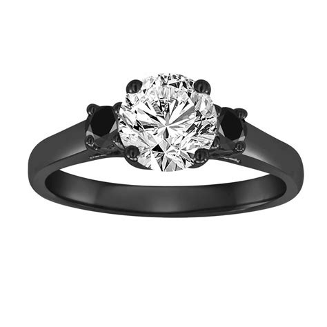 1.30 Carat 14K Black Gold Diamond Engagement Ring, With Black Diamonds Wedding Ring, Three Stone ...