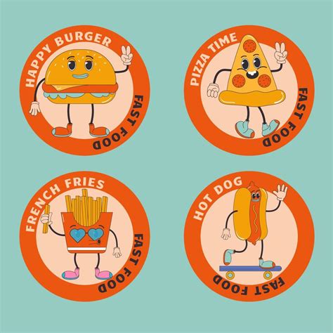 Fast Food Sticker Label Set In Trendy Groovy Style Burger Fries