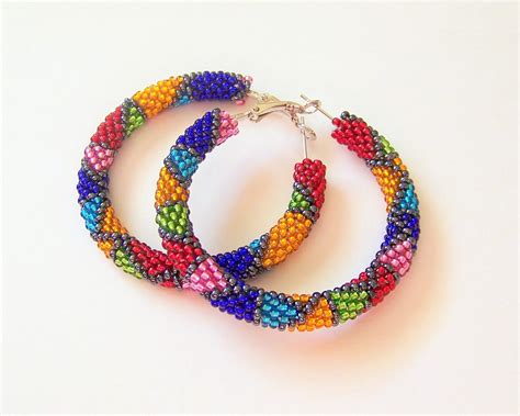 Beaded Colorful Hoop Earrings Beadwork Beaded Jewelry Etsy