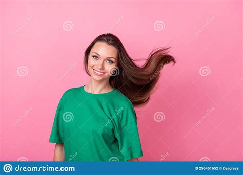 Portrait Of Optimistic Gorgeous Lovely Girl With Straight Hairdo Wear