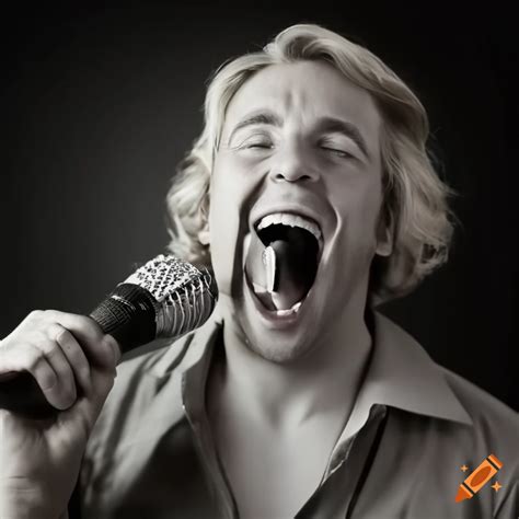 Blonde Male Comedian Laughing On Stage With A Microphone On Craiyon