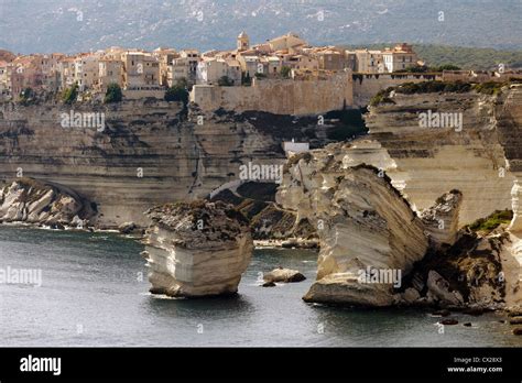 Bonifacio Ancient City On Limestone Cliff Corsica Island France Stock