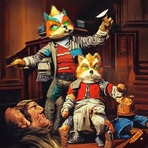 Intricate Details In A Vintage Star Fox Poster Inspired By James Gurney