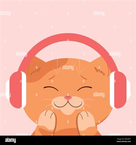 Cute Red Tabby Cat In Headphones Cat Listening To Music With Closed