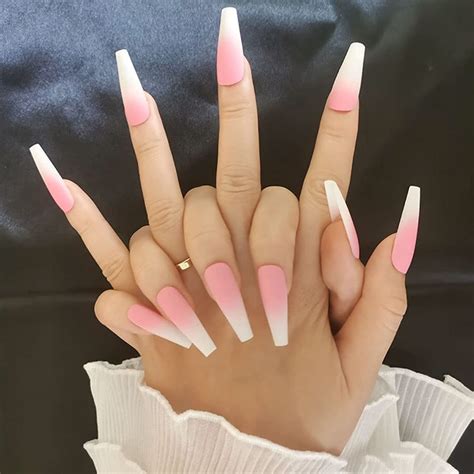 Awanka Coffin Press On Nails Pink Extra Long Fake Nails Matte Ombre