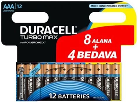 Duracell Turbo Max Alkalin AAA İnce Kalem Pil 12 li Paket Pilsitesi