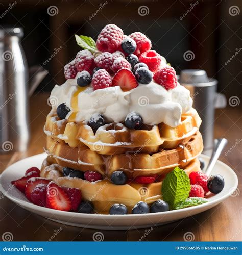 Homemade Waffle With Fruits And Whipped Cream Stock Image Image Of