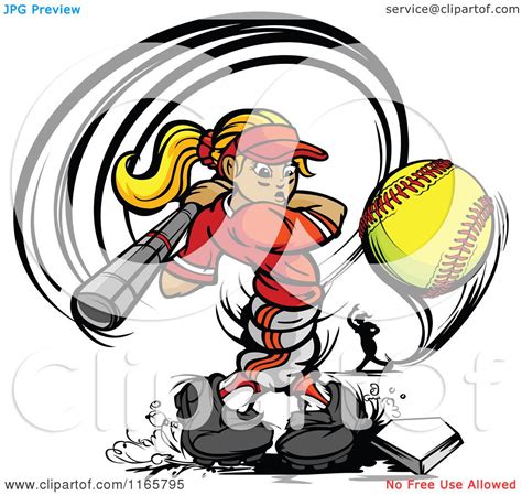 Cartoon Of A Strong Female Baseball Player Swinging And Hitting A