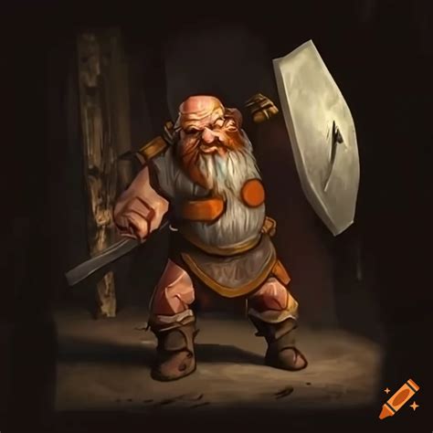 Strong Dwarf With Hammer And Shield In A Shadowy Mine On Craiyon