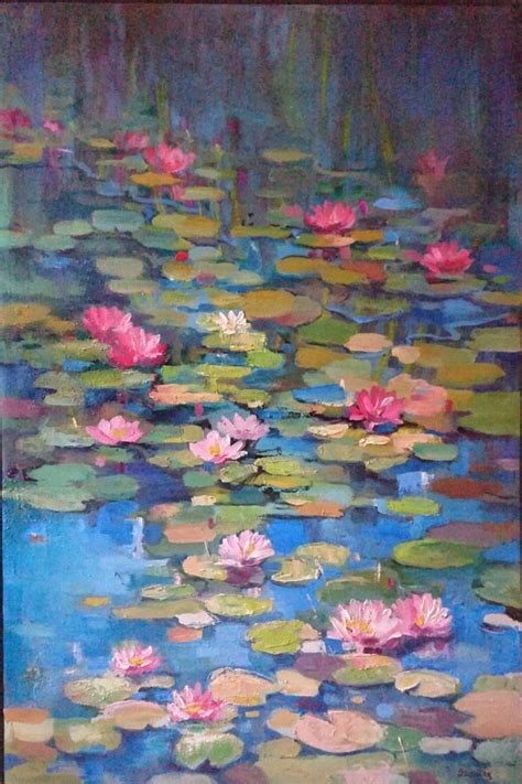 Lilies on a French pond paintings Painting by Olga Lomax | Saatchi Art ...