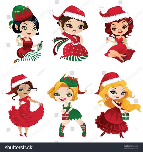 Set Elves Santa Girls Christmas Set стоковая векторная графика без