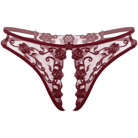 Iefiel Mens Floral Lace T Back Low Rise G String Thongs Underwear Burgundy One Size