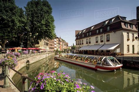 Canal boat ferrying tourists on canal, Strasbourg, France - Stock Photo ...