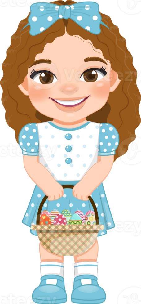 Happy Easter Day With Cute Girl Holding Eggs Basket Cartoon Character