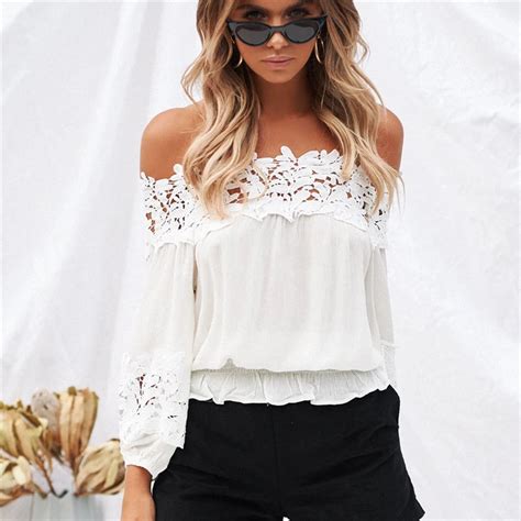 Sexy Lace Blouse 2018 Summer Women Off Shoulder Blouses Shirts White Crochet Long Sleeve Blouse