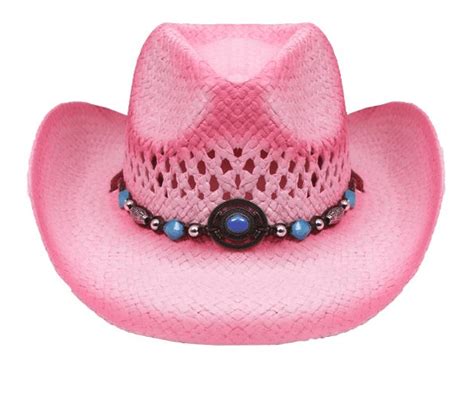 PINK Tea Stain Straw COWBOY HAT w/ Turquoise Blue Beads WOMEN WESTERN ...