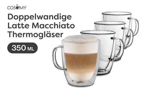 Cosumy 4er Set Latte Macchiato Gläser Doppelwandig mit Henkel 350ml