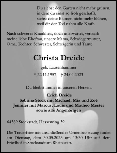 Traueranzeigen Von Christa Dreide Vrm Trauer De