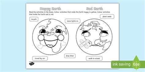 Earth Cartoon Sad And Happy Colouring Poster Twinkl Ks1