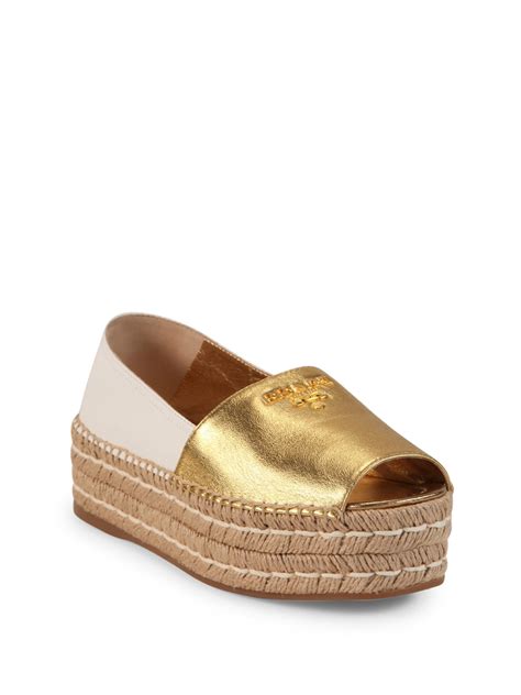 Prada Two Tone Leather Peep Toe Platform Espadrilles In Metallic Lyst